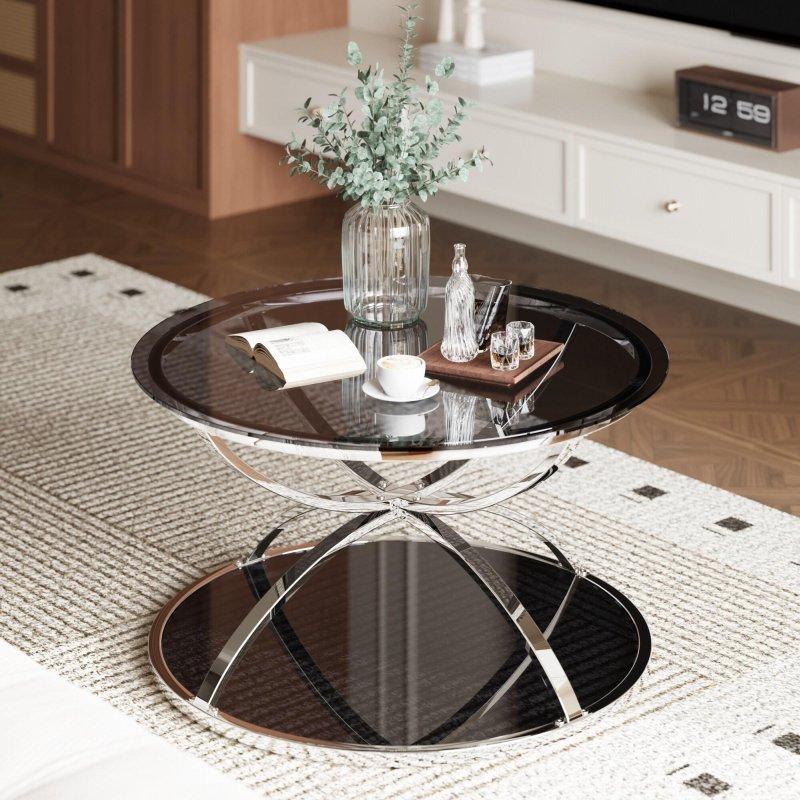 Gri Temperli Camlı Krom Metal İki Katlı Yuvarlak Orta Sehpa - 81x44 cm - 239773