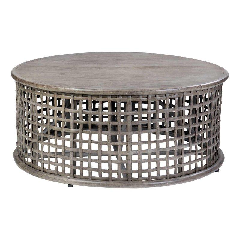 Gri Tik Ağacı ve Rattan El Yapımı Eskitme Tasarım Yuvarlak Orta Sehpa - Çap 100 cm - 242956