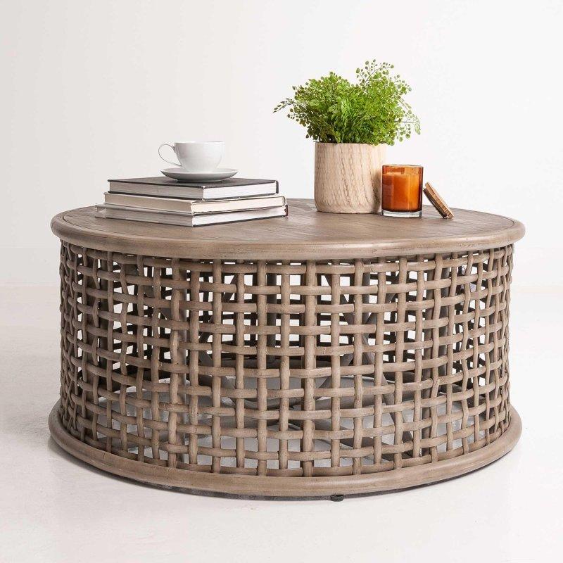 Gri Tik Ağacı ve Rattan El Yapımı Eskitme Tasarım Yuvarlak Orta Sehpa - Çap 100 cm - 242956