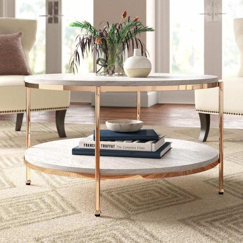 Gri Traverten Görünümlü Raflı Şampanya Rengi Metal Ayaklı Yuvarlak Orta Sehpa - 85 cm - 244738