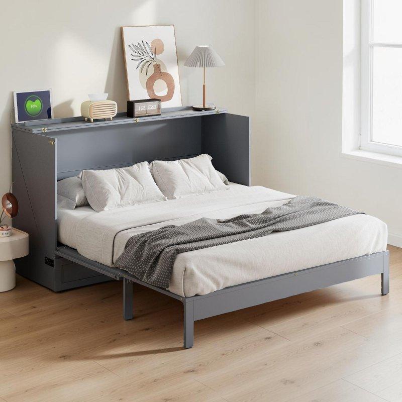 Gri ve Beyaz Ahşap Çekmeceli USB Portlu Duvar Yatağı - 161x205 cm - 263299