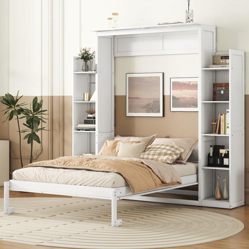Gri ve Beyaz Ahşap LED Aydınlatmalı Dolaplı Çift Pistonlu Duvar Yatağı - 266967