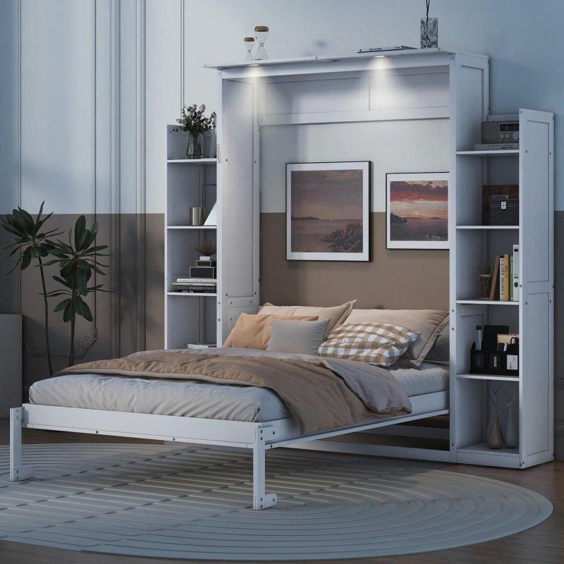 Gri ve Beyaz Ahşap LED Aydınlatmalı Dolaplı Çift Pistonlu Duvar Yatağı - 266967