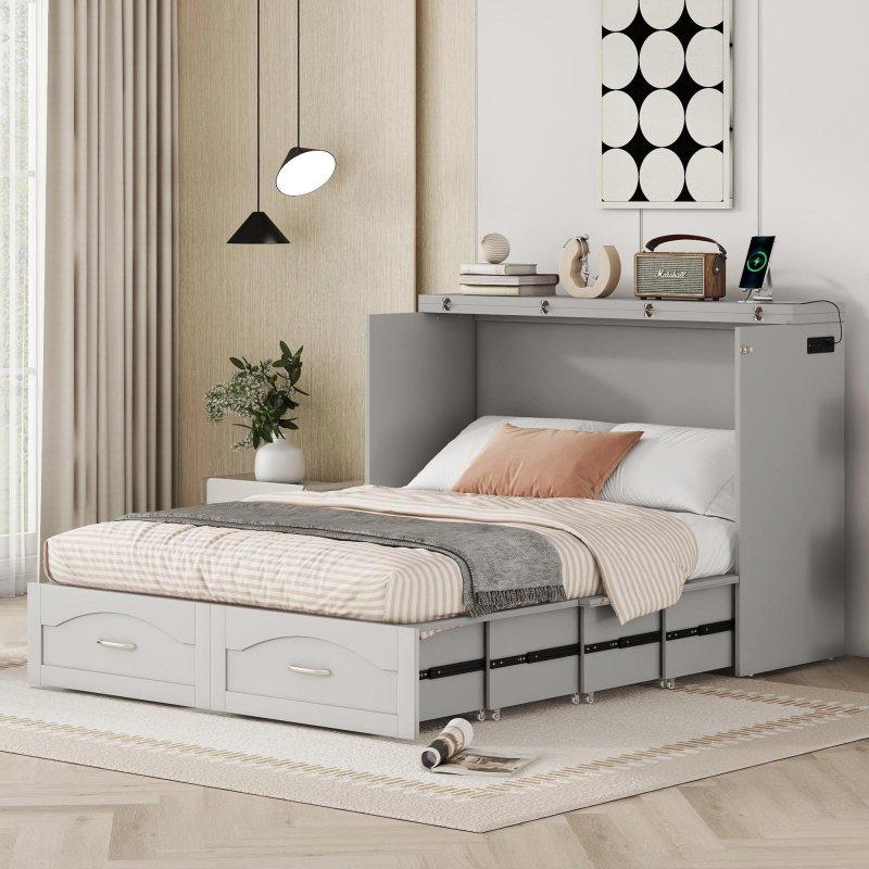 Gri ve Beyaz Çekmeceli Prizli ve USB Portlu MDF Duvar Yatağı - 161x205 cm - 261954
