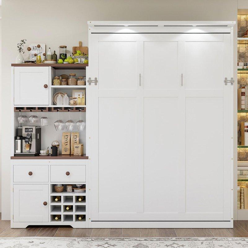 Gri ve Beyaz Dolaplı Şaraplıklı LED Aydınlatmalı MDF Duvar Yatağı - 262946