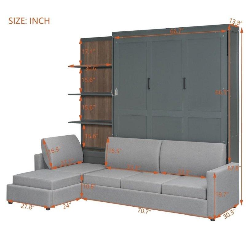 Gri ve Beyaz Lamine MDF ve Kontrplak Koltuklu Raflı Duvar Yatağı - 257x205x224 cm - 262574