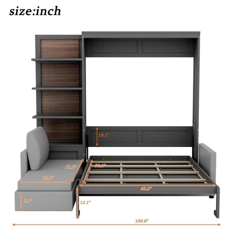 Gri ve Beyaz Lamine MDF ve Kontrplak Koltuklu Raflı Duvar Yatağı - 257x205x224 cm - 262574