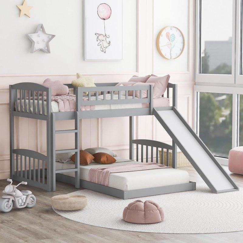 Gri ve Beyaz Masif Ahşap Kaydıraklı Ranza - 248866