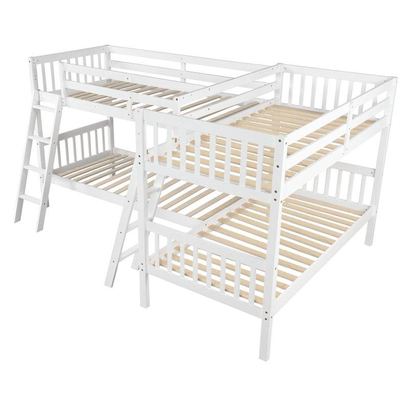 Gri ve Beyaz Masif Çam Ahşap L Şeklinde Ayrılabilir Merdivenli Ranza - 300x204x153 cm - 249292