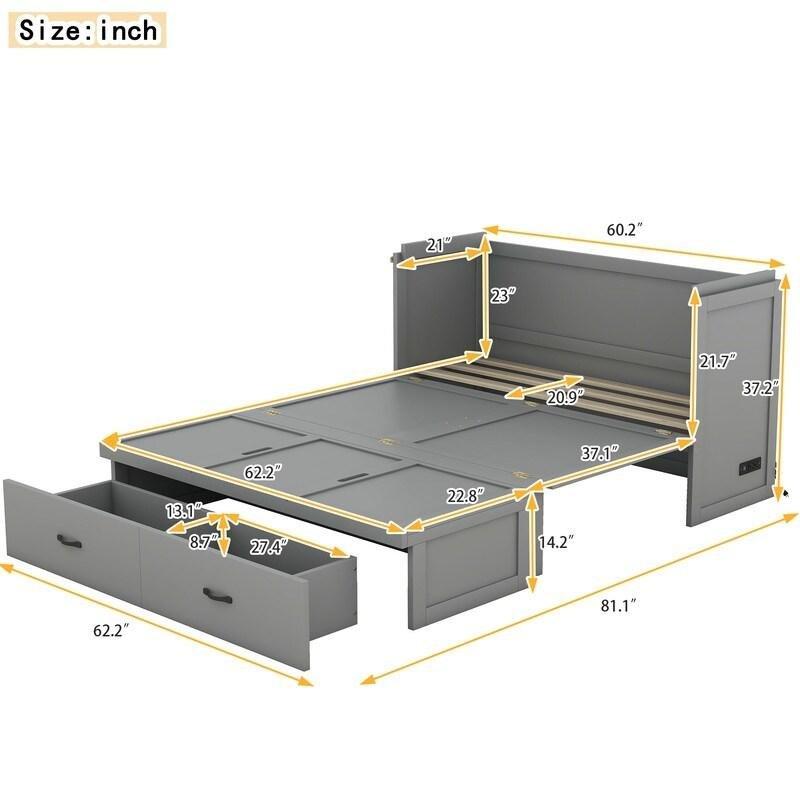 Gri ve Beyaz Masif Çam ve MDF USB Portlu Çekmeceli Duvar Yatağı - 267117
