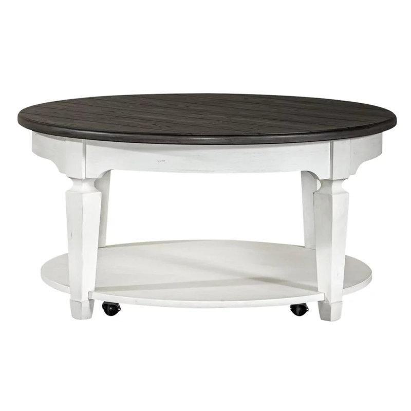 Gri ve Beyaz Masif Meşe ve Çam Ağacı Tekerlekli Alt Raflı Yuvarlak Orta Sehpa - 97x97 cm - 244230