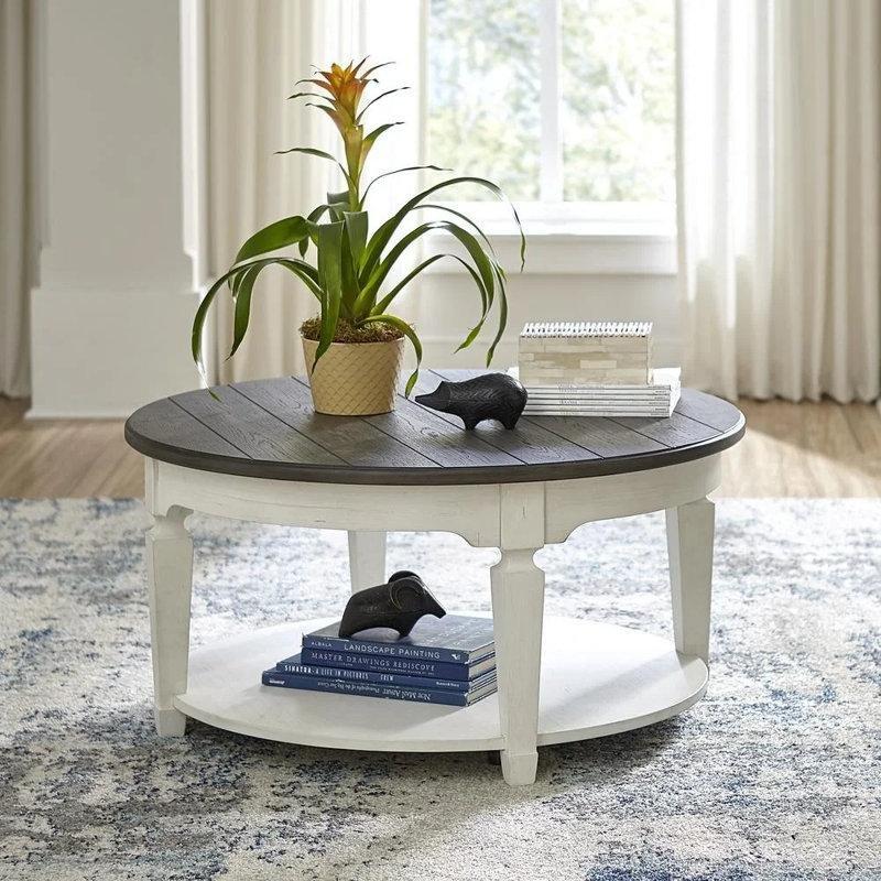 Gri ve Beyaz Masif Meşe ve Çam Ağacı Tekerlekli Alt Raflı Yuvarlak Orta Sehpa - 97x97 cm - 244230