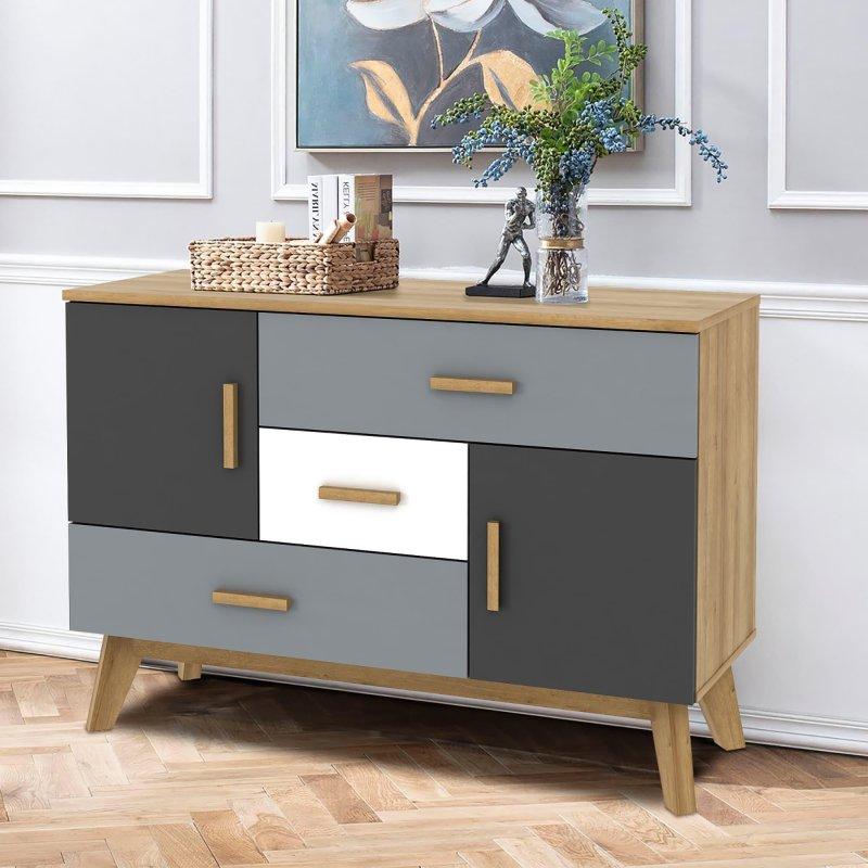 Gri ve Beyaz MDF 3 Çekmeceli 2 Kapaklı Modern Şifonyer - 119x41x82 cm - 311414