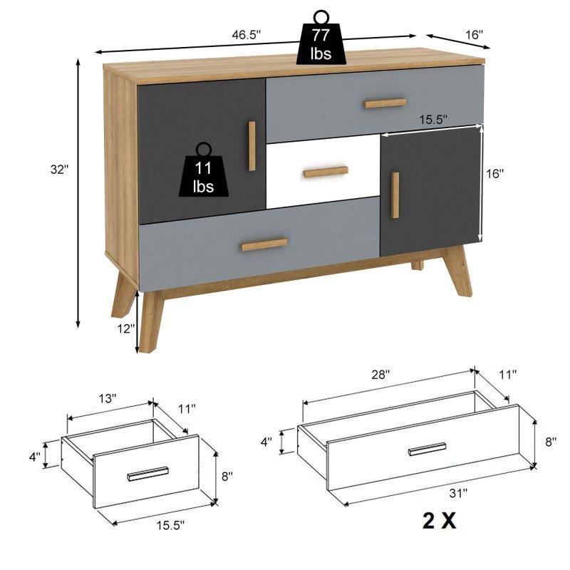 Gri ve Beyaz MDF 3 Çekmeceli 2 Kapaklı Modern Şifonyer - 119x41x82 cm - 311414