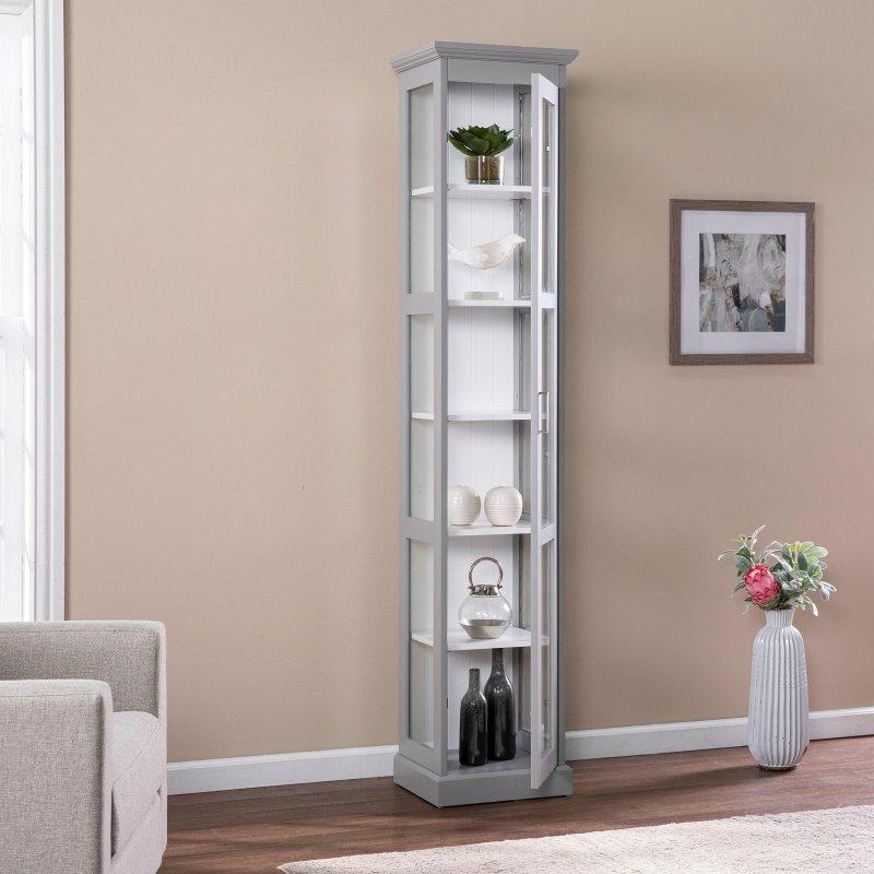 Gri ve Beyaz MDF Cam Kapaklı 6 Raflı Kitaplık - 41x36x197 cm - 317865