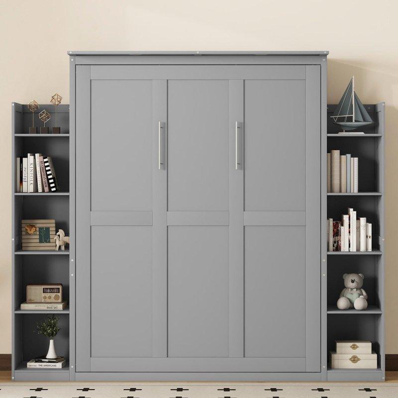 Gri ve Beyaz MDF Çift Kitaplıklı LED Aydınlatmalı Pistonlu Duvar Yatağı - 264147