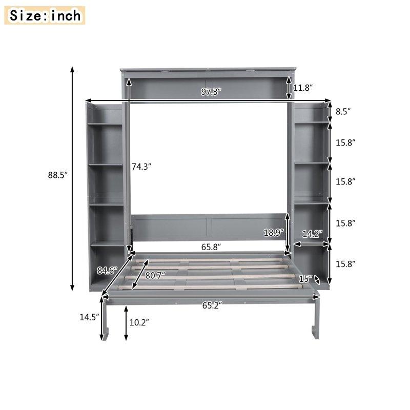 Gri ve Beyaz MDF Çift Kitaplıklı LED Aydınlatmalı Pistonlu Duvar Yatağı - 264147