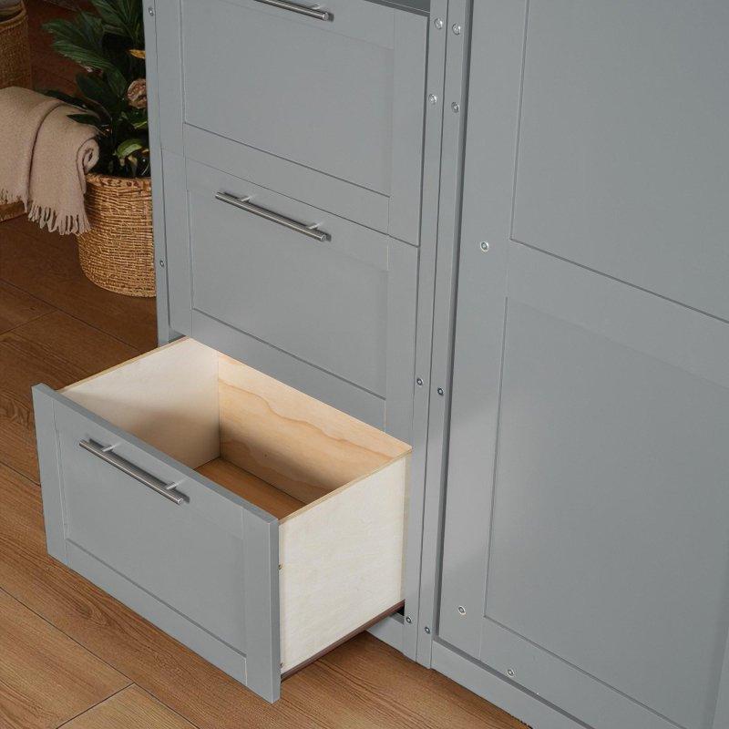Gri ve Beyaz MDF Dolaplı Çekmeceli Raflı Duvar Yatağı - 306 cm - 261126
