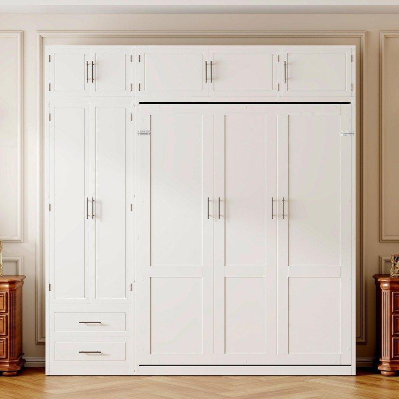 Gri ve Beyaz MDF Dolaplı Çekmeceli ve Raflı Çift Kişilik Duvar Yatağı - 238x226x258 cm - 261697