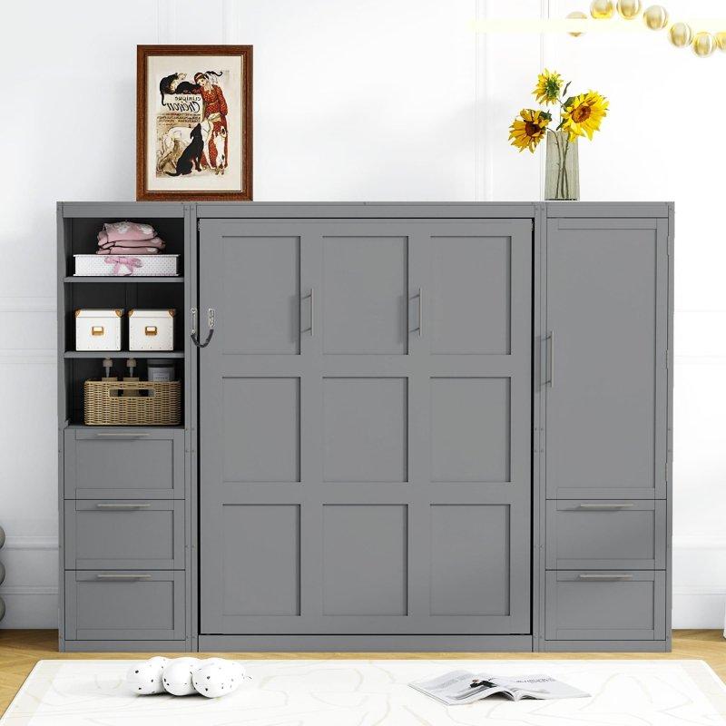 Gri ve Beyaz MDF Dolaplı Raflı Çekmeceli Çift Kişilik Duvar Yatağı - 311x211x225 cm - 262170