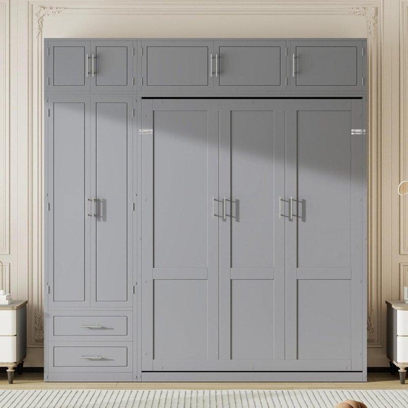 Gri ve Beyaz MDF Dolaplı Raflı Çekmeceli Duvar Yatağı - 238x258 cm - 261337