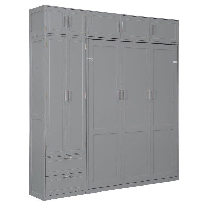 Gri ve Beyaz MDF Dolaplı Raflı Çekmeceli Duvar Yatağı - 238x258 cm - 261337