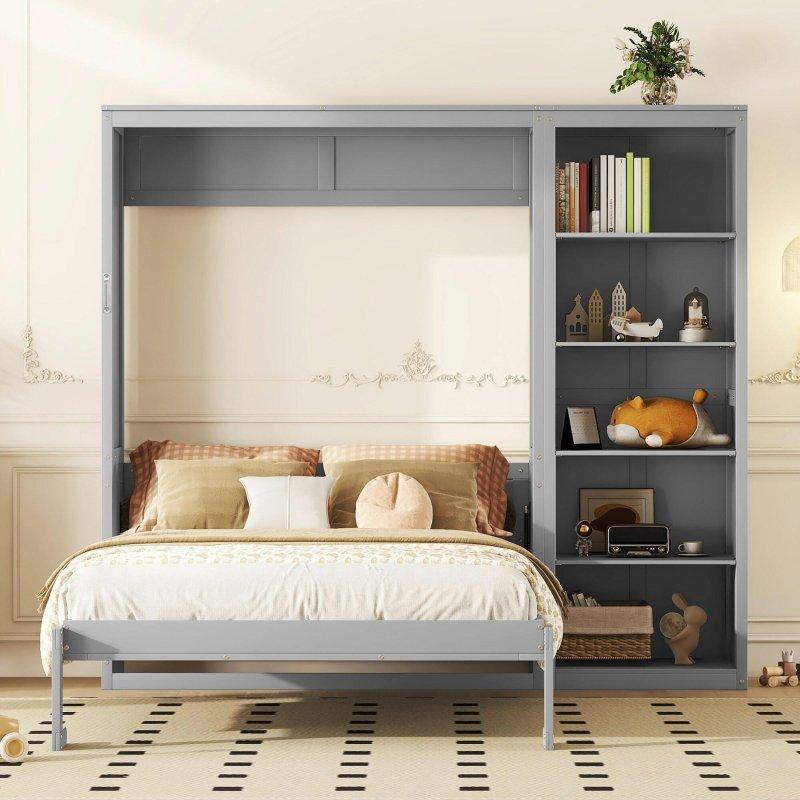 Gri ve Beyaz MDF Dolaplı ve Ayarlanabilir Raflı Duvar Yatağı - 232x225 cm - 263613