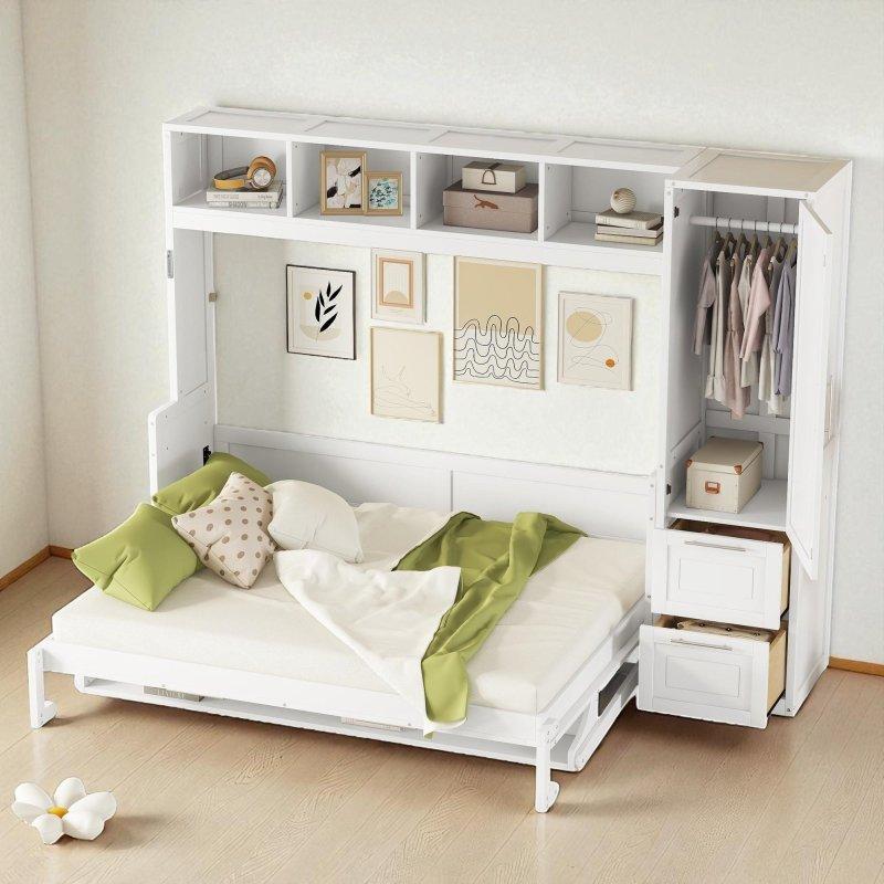 Gri ve Beyaz MDF Dolaplı ve Çekmeceli Queen Duvar Yatağı - 263365