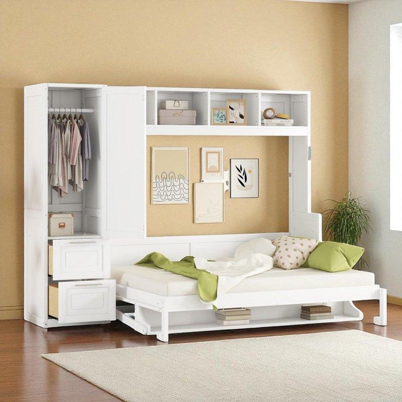 Gri ve Beyaz MDF Dolaplı ve Çekmeceli Queen Duvar Yatağı - 263365