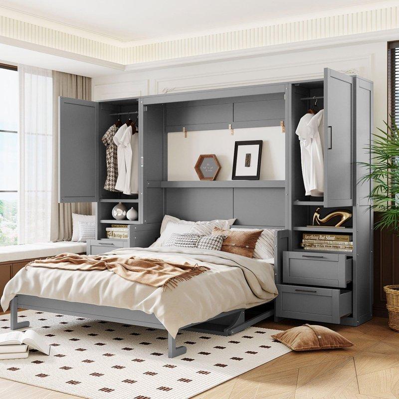 Gri ve Beyaz MDF Gardıroplu Çekmeceli Duvar Yatağı - 289 cm - 263620