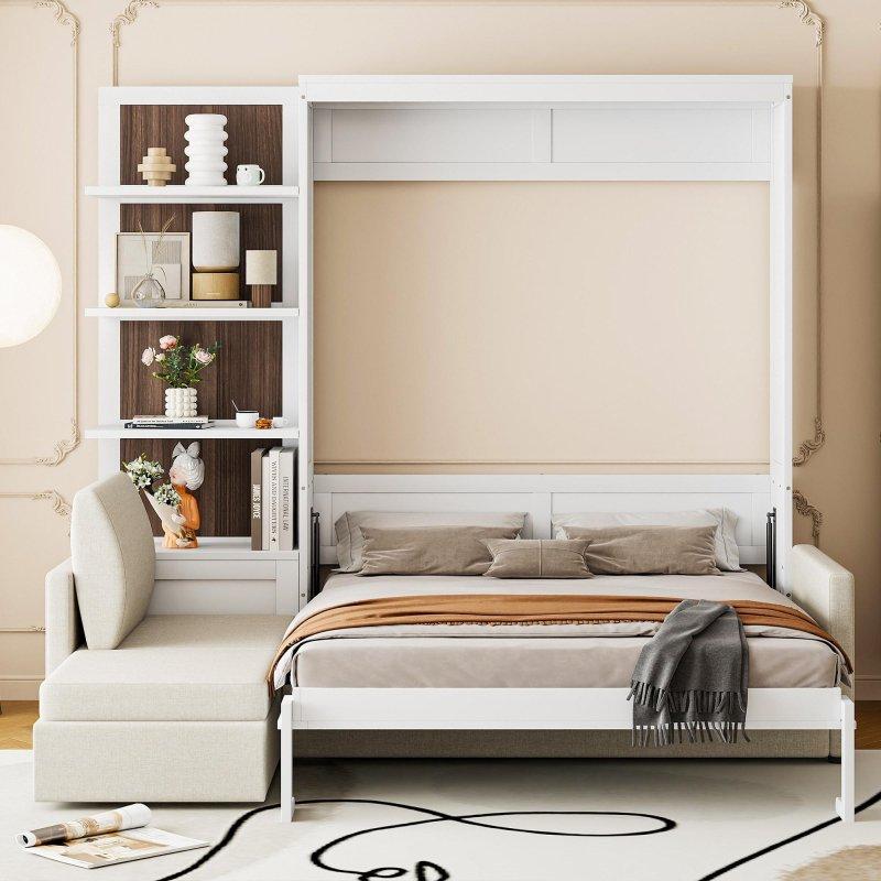 Gri ve Beyaz MDF Koltuklu ve Raflı Akıllı Duvar Yatağı - 263685