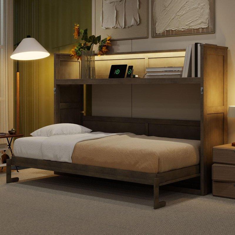 Gri ve Beyaz MDF Masalı USB Şarjlı ve Aydınlatmalı Twin XL Duvar Yatağı - 265206