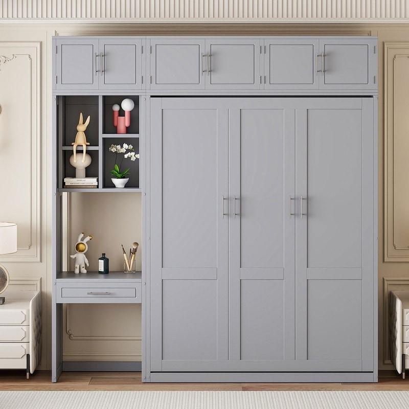 Gri ve Beyaz MDF Masalı ve Dolaplı Katlanır Duvar Yatağı - 263995