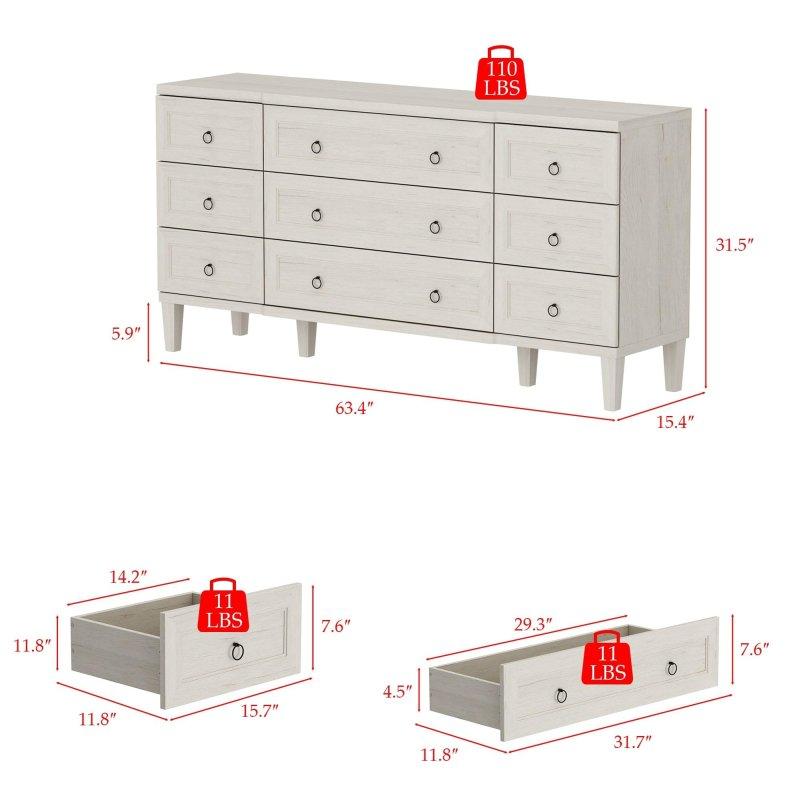 Gri ve Beyaz MDF Masif Bacaklı 9 Çekmeceli Şifonyer - 162 cm - 299845