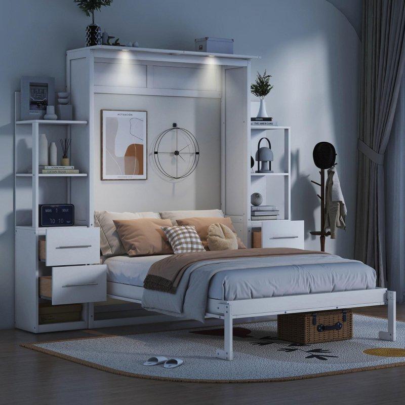 Gri ve Beyaz MDF Raflı Çekmeceli ve LED Aydınlatmalı Duvar Yatağı - 267166