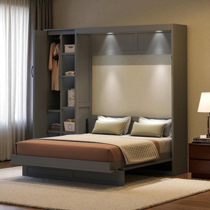 Gri ve Beyaz MDF Raflı Gardıroplu ve LED Aydınlatmalı Duvar Yatağı - 262953
