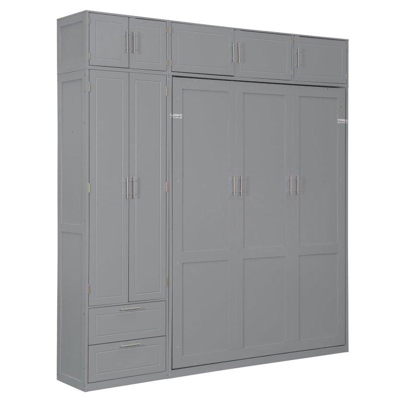 Gri ve Beyaz MDF Üst Dolaplı ve Gardıroplu Çift Kişilik Duvar Yatağı - 264870