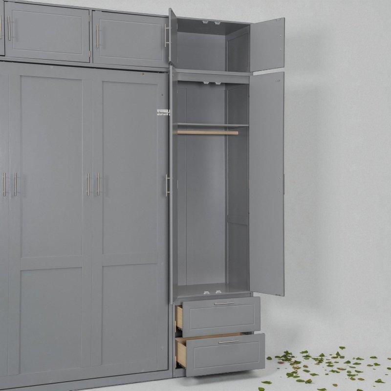 Gri ve Beyaz Raflı Gardıroplu ve Üst Dolaplı MDF Duvar Yatağı - 266083