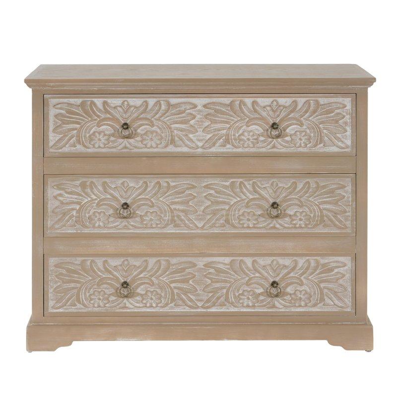Gri ve Doğal Ahşap Köknar Ağacı Lazer Kesim Çiçek Desenli 3 Çekmeceli Şifonyer - 101x36x81 cm - 295388
