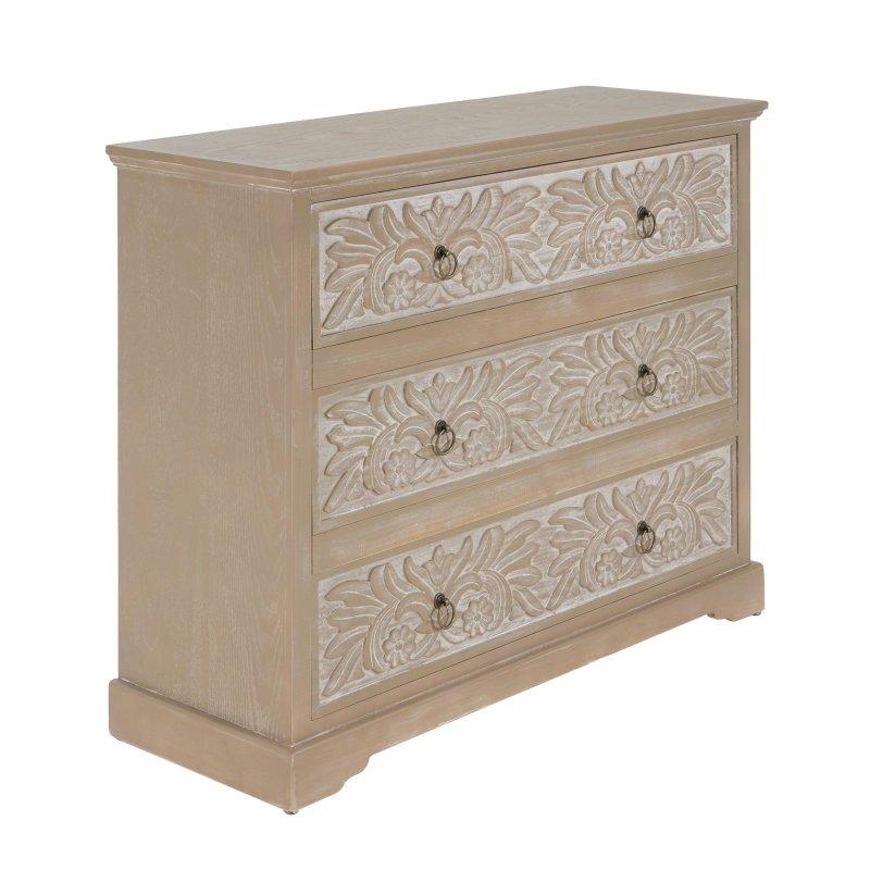 Gri ve Doğal Ahşap Köknar Ağacı Lazer Kesim Çiçek Desenli 3 Çekmeceli Şifonyer - 101x36x81 cm - 295388