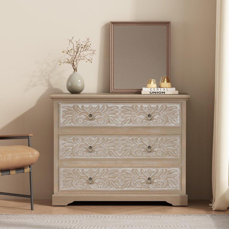 Gri ve Doğal Ahşap Köknar Ağacı Lazer Kesim Çiçek Desenli 3 Çekmeceli Şifonyer - 101x36x81 cm - 295388