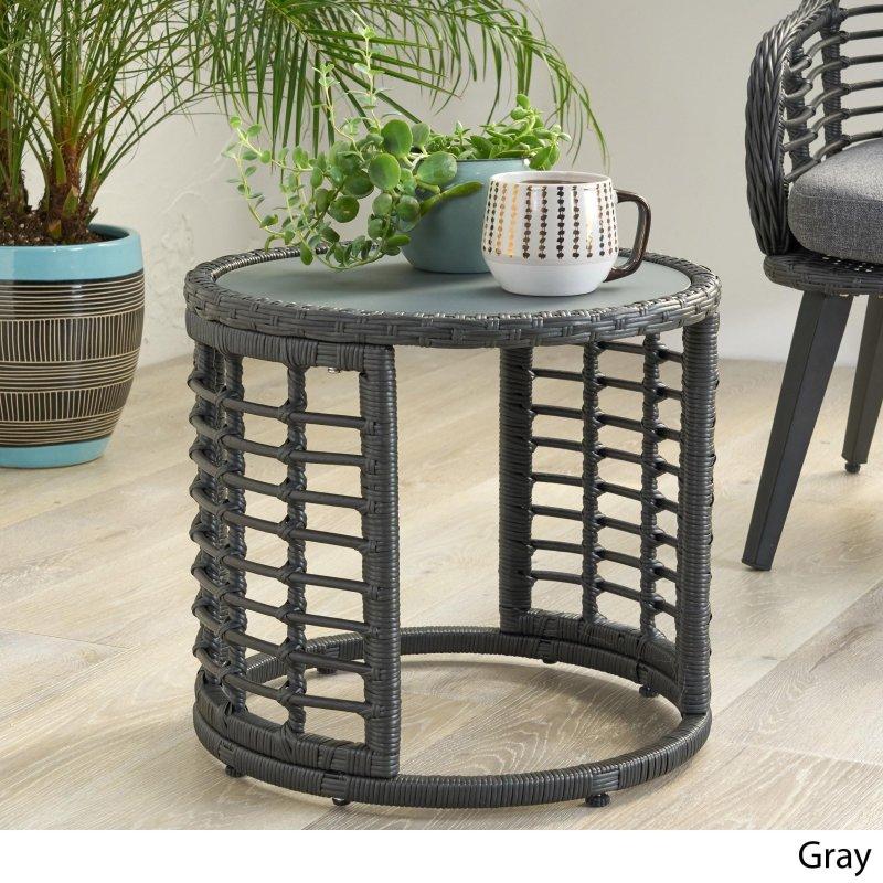 Gri ve Kahverengi Suni Rattan Bohem Temperli Cam Yuvarlak Orta Sehpa - 47x42 cm - 239643