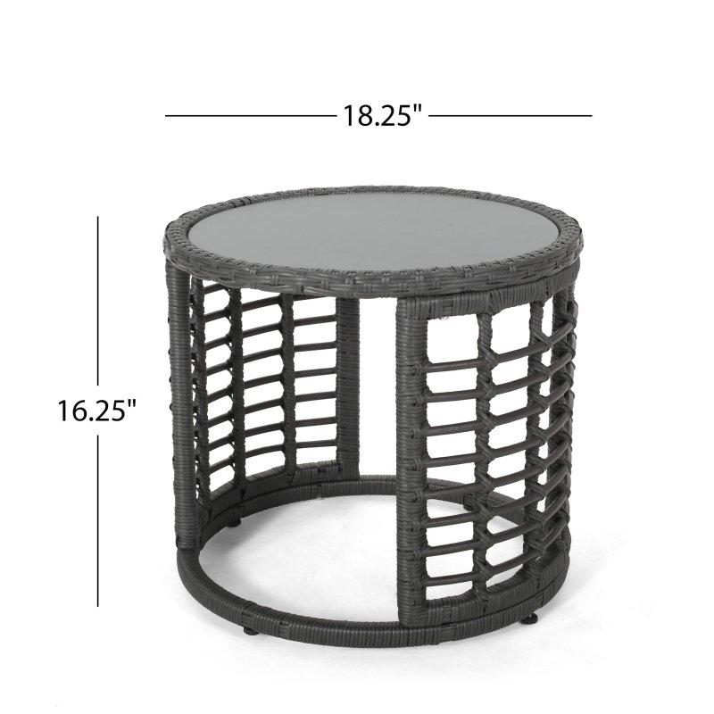 Gri ve Kahverengi Suni Rattan Bohem Temperli Cam Yuvarlak Orta Sehpa - 47x42 cm - 239643