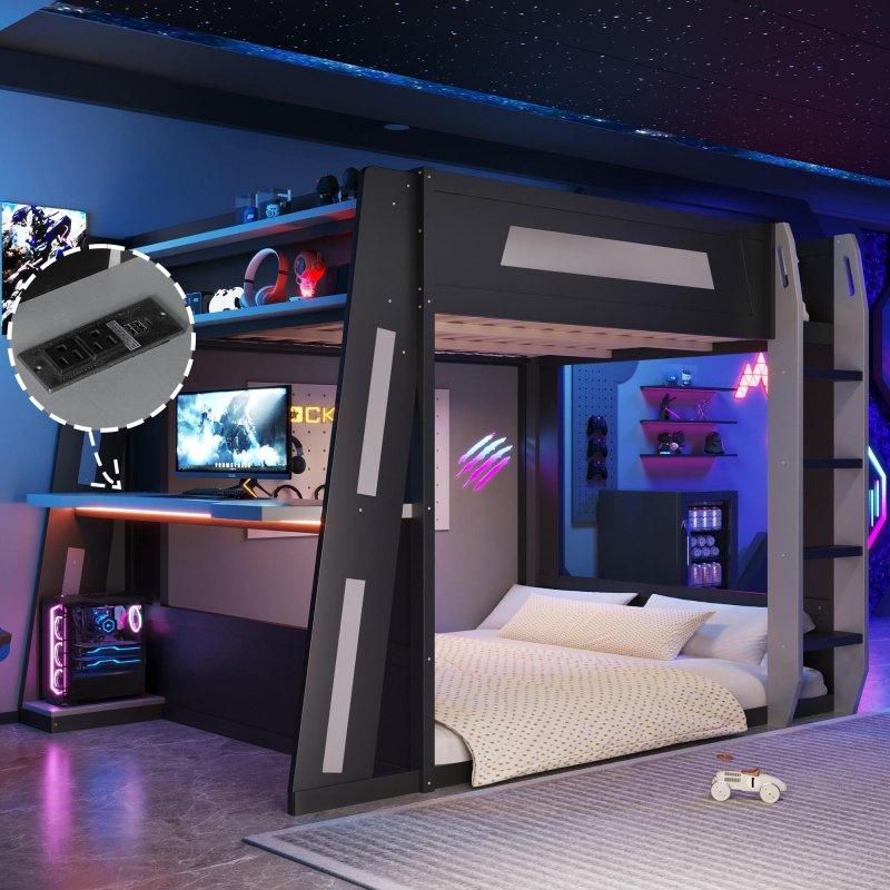 Gri ve Kırmızı Masif Ahşap ve MDF Oyun İstasyonlu LED Işıklı Gamer Ranza - 249x158 cm - 251201