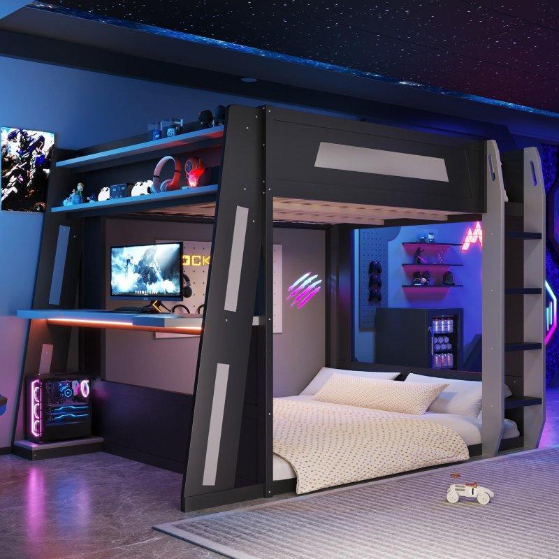 Gri ve Kırmızı Masif Ahşap ve MDF Oyun İstasyonlu LED Işıklı Gamer Ranza - 249x158 cm - 251201