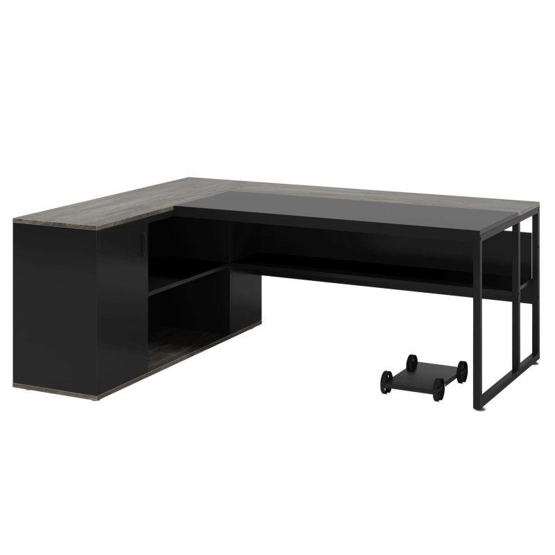 Gri ve Siyah MDF Metal L Tipi Dolaplı Raflı Yönetici Ofis Masası - 181 cm - 325713