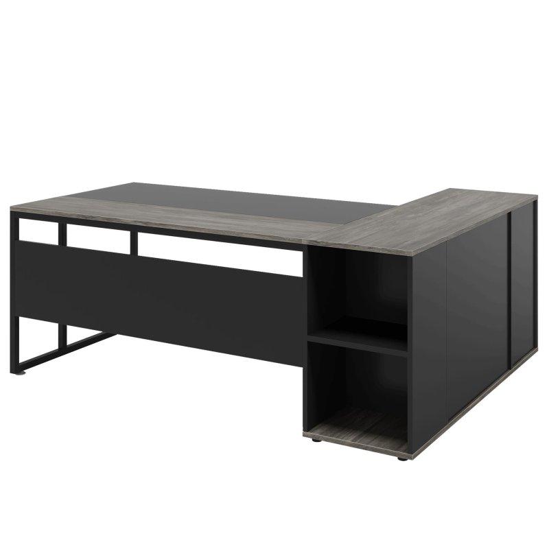 Gri ve Siyah MDF Metal L Tipi Dolaplı Raflı Yönetici Ofis Masası - 181 cm - 325713