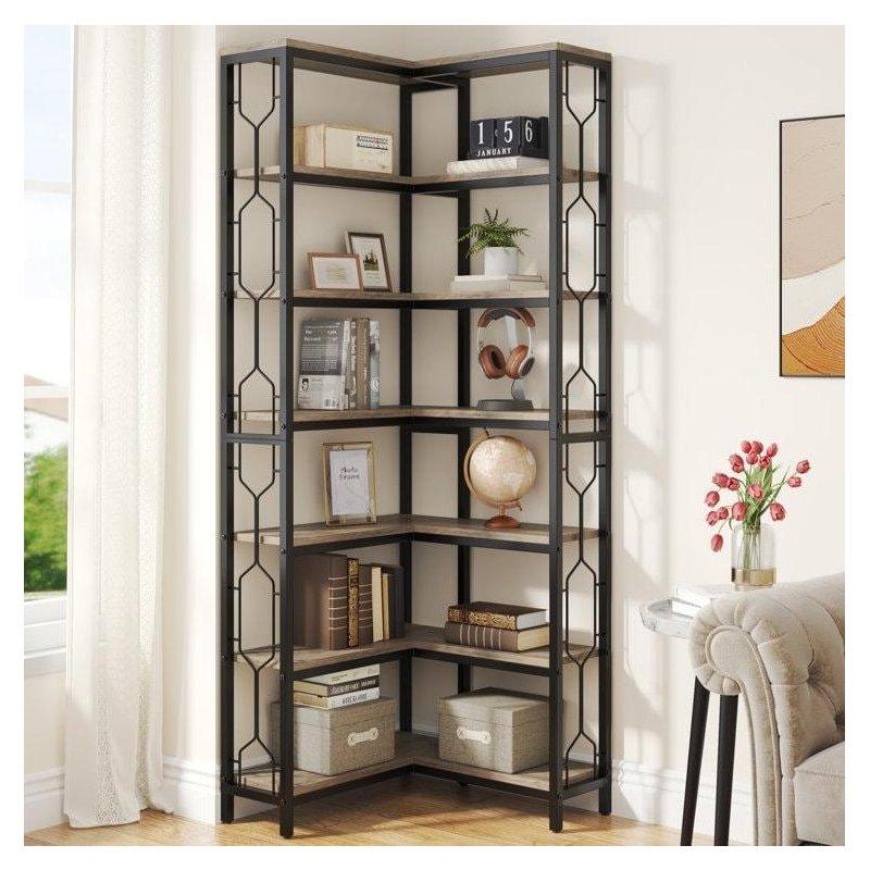 Gri ve Siyah Metal Ahşap 7 Raflı Köşe Kitaplık - 60x200 cm - 312424