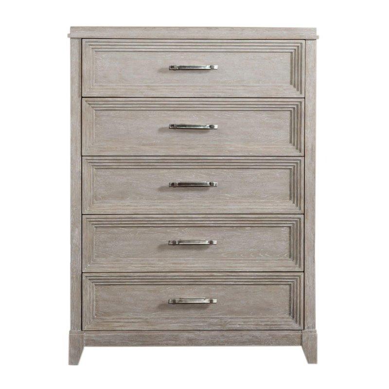 Gri Vizon Masif Kauçuk Ağacı ve Meşe Kaplama 5 Çekmeceli Şifonyer - 105x47x142 cm - 306552