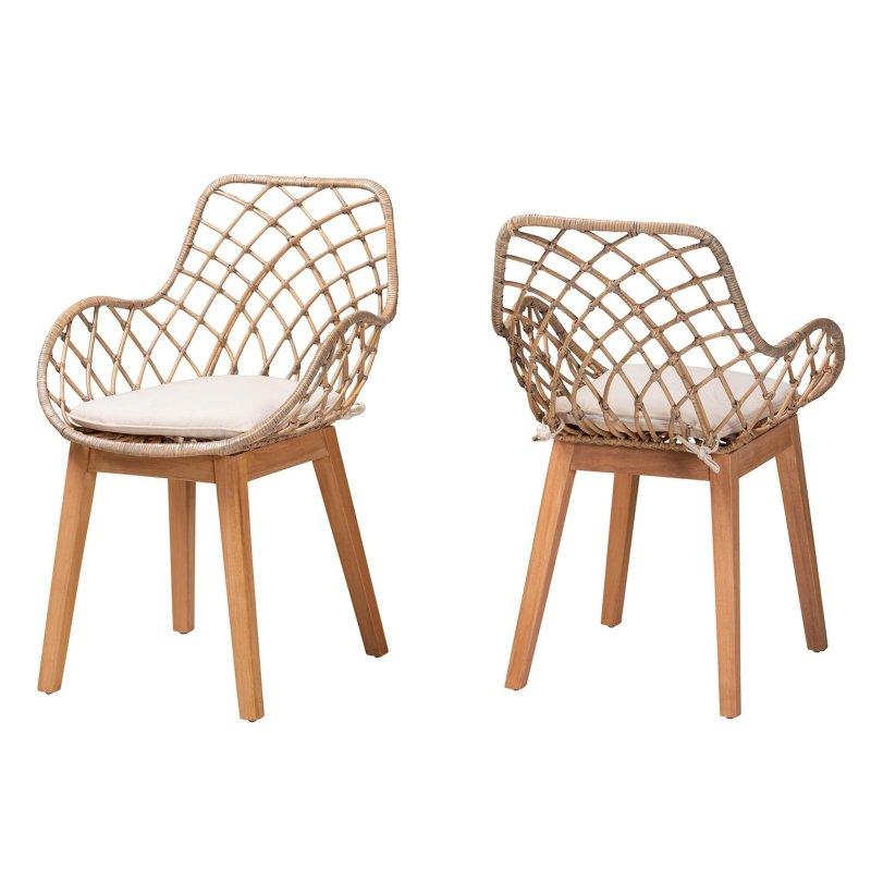 Gri Yıkama Maun Ahşap Minderli Kolçaklı 2li Set Rattan Sandalye - 84 cm - 251995